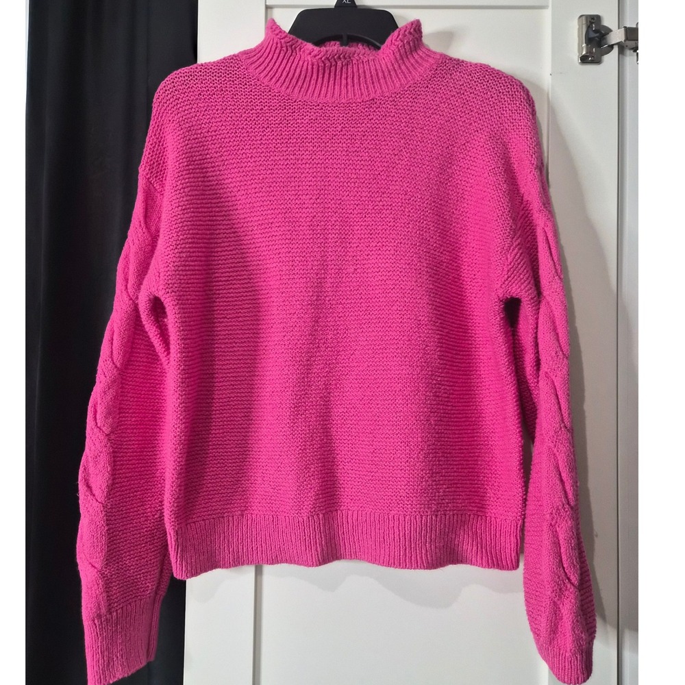 J. Crew Mock Neck Cable Knit Sweater Bright‎ Pink Women's Size M